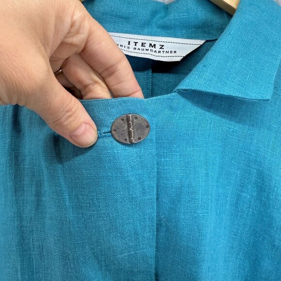 Itemz Chris Baumgartner One Size Button-Up Shirt Aqua Blue Linen Asymmetric Hem - Picture 5 of 12